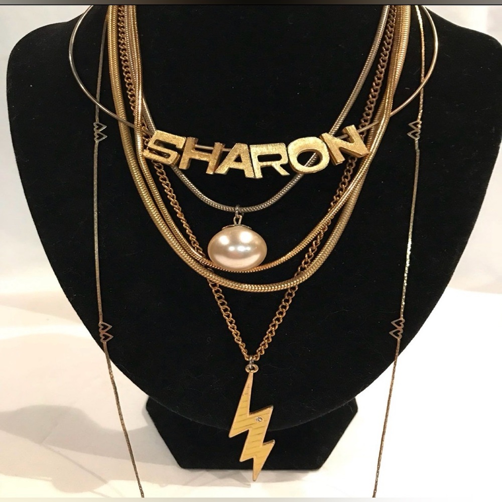 Gold Tone set of 6 pcs Nameplate Necklace with Pearl Lightning Pendant - Picture 2 of 4
